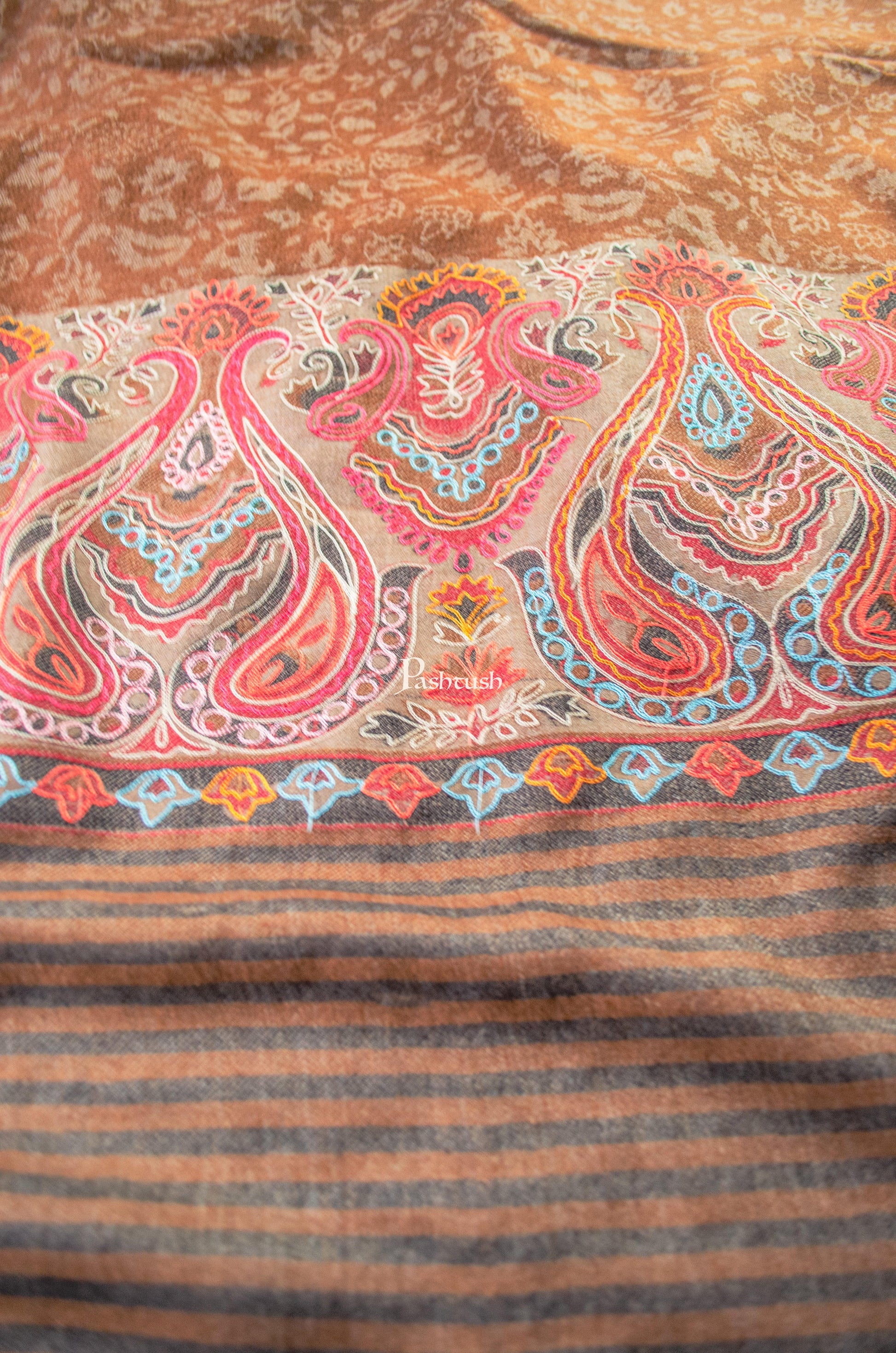 Pashtush India Womens Shawls Pashtush Womens Extra Fine Wool Shawl, Embroidery Palla Design, Brown