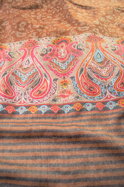 Pashtush India Womens Shawls Pashtush Womens Extra Fine Wool Shawl, Embroidery Palla Design, Brown
