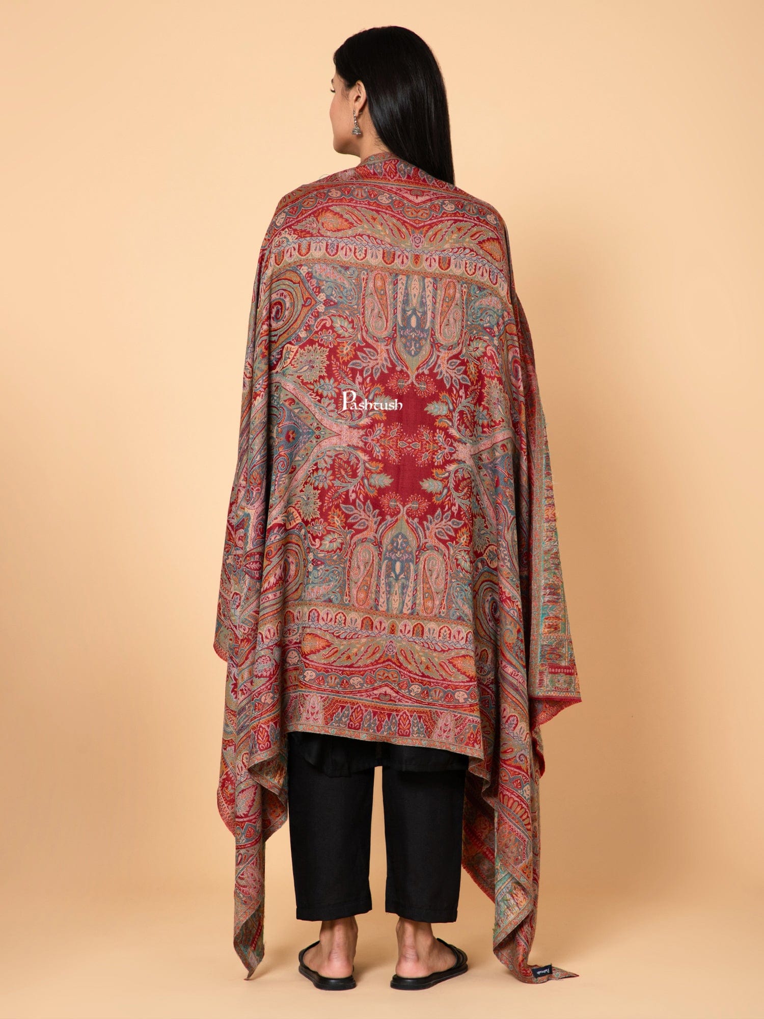Pashtush India Womens Shawls Pashtush Womens Extra Fine Wool Shawl, Ethnic Weave Design, Maroon