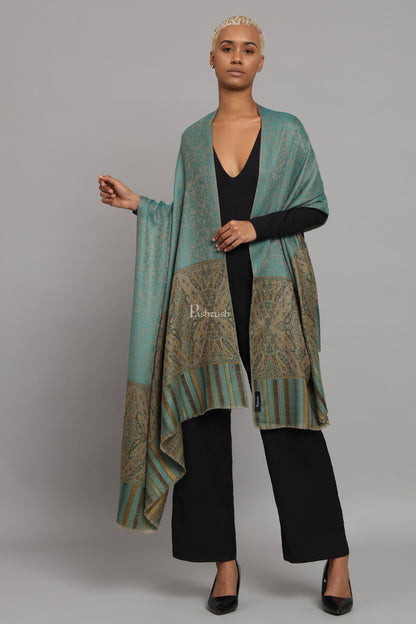 Pashtush India Womens Shawls Pashtush Womens Extra Fine Wool Shawl, Ethnic Woven Palla Design, Arabic Sea Green