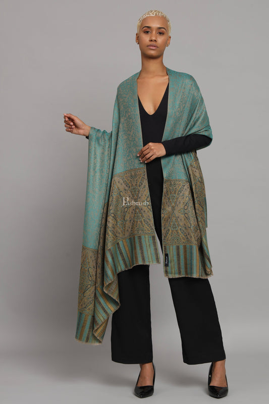 Pashtush India Womens Shawls Pashtush Womens Extra Fine Wool Shawl, Ethnic Woven Palla Design, Arabic Sea Green