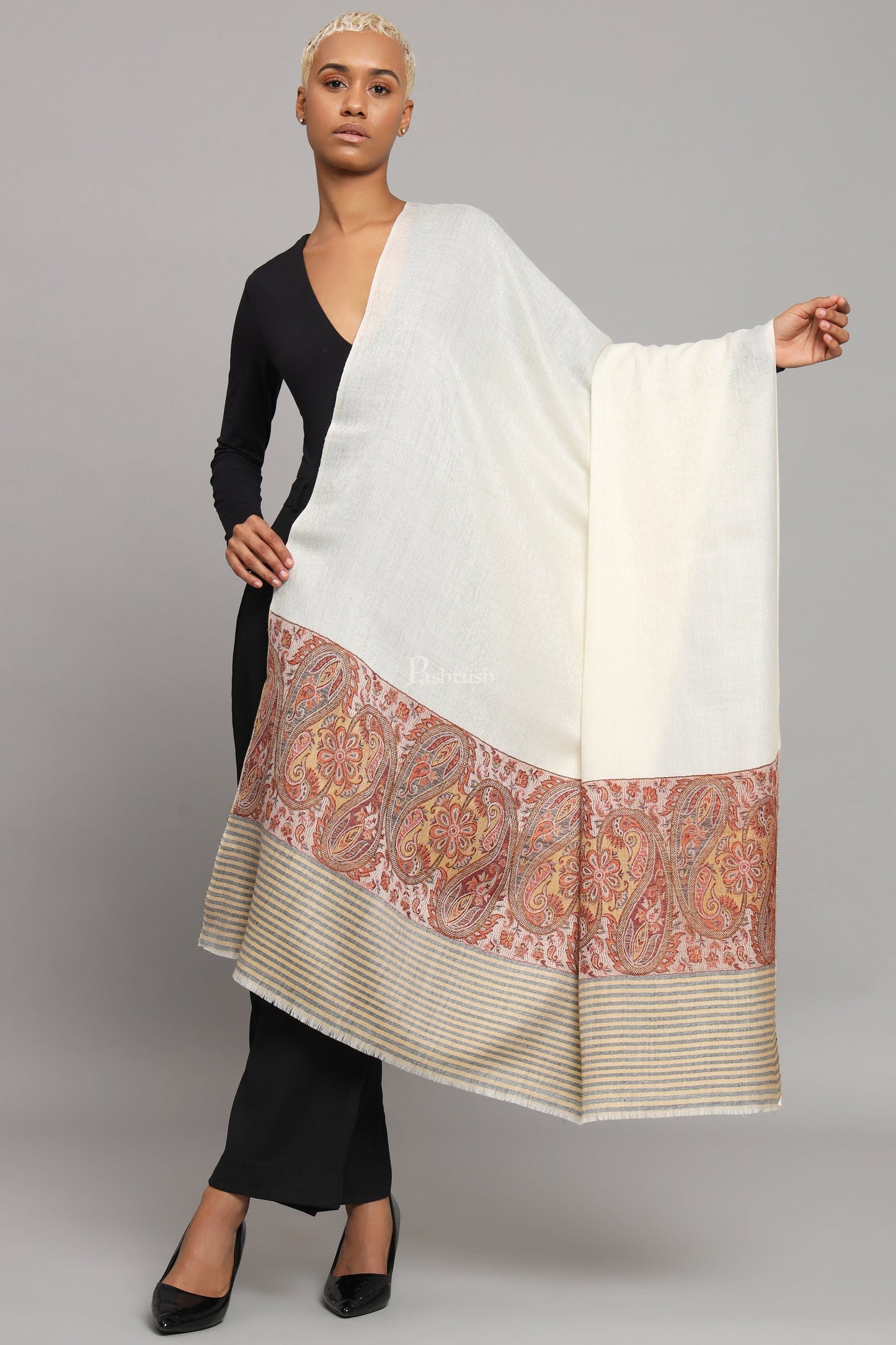 Pashtush India Womens Shawls Pashtush Womens Extra Fine Wool Shawl, Ethnic Woven Palla Design, Ivory