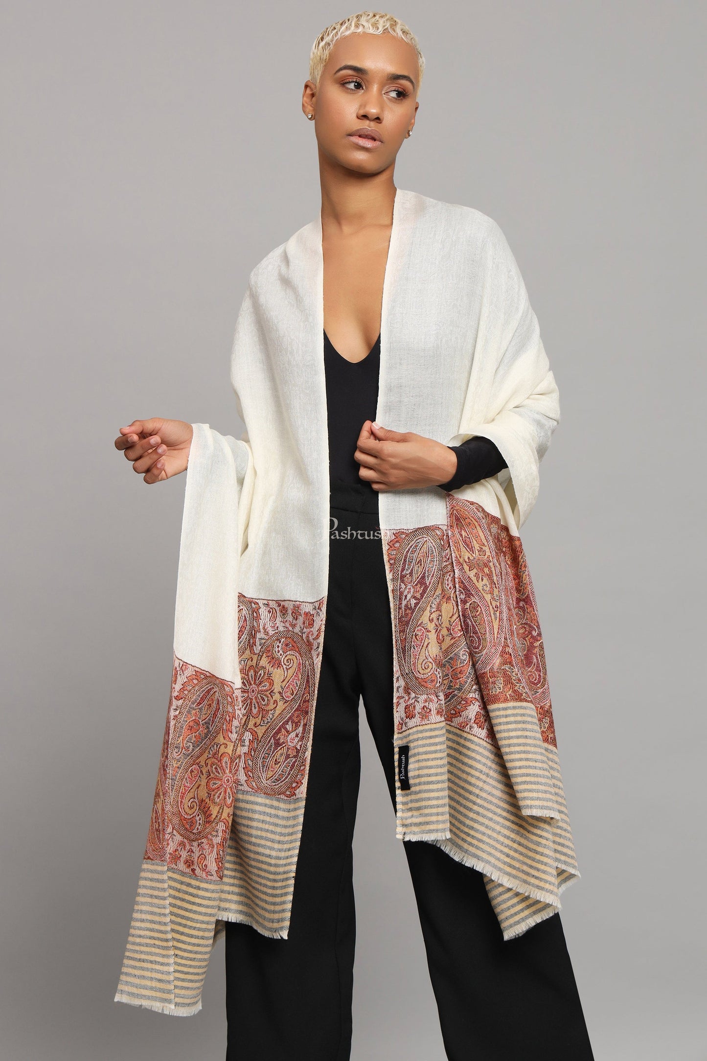 Pashtush India Womens Shawls Pashtush Womens Extra Fine Wool Shawl, Ethnic Woven Palla Design, Ivory