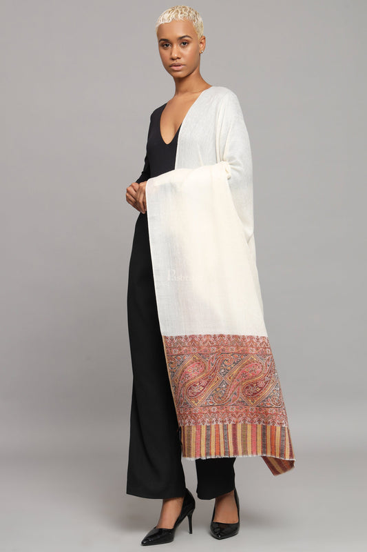 Pashtush India Womens Shawls Pashtush Womens Extra Fine Wool Shawl, Ethnic Woven Palla Design, Ivory