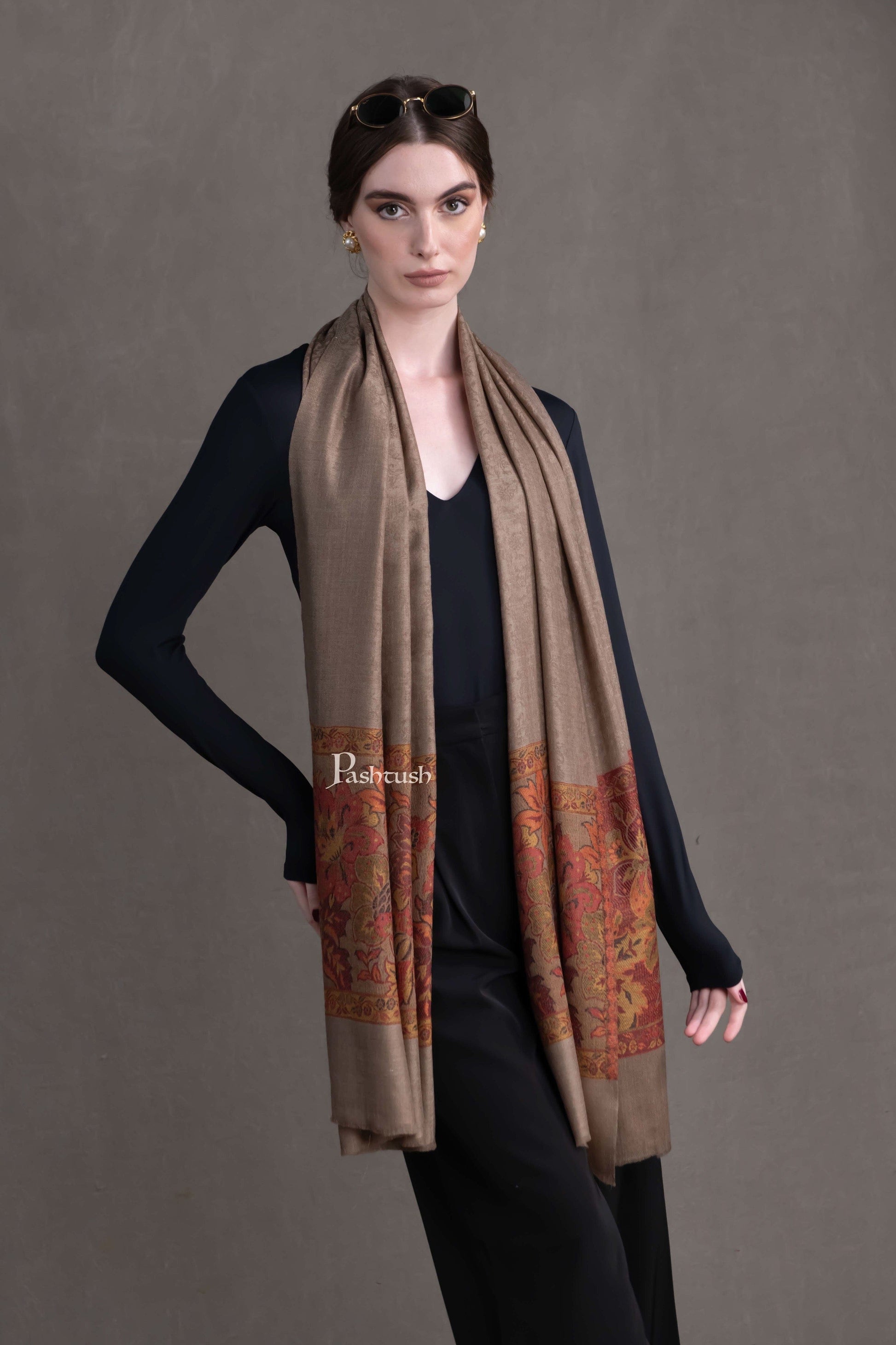 Pashtush India Womens Stoles and Scarves Scarf Pashtush Womens Extra Fine Wool Shawl, Floral Weave Palla Design, Taupe