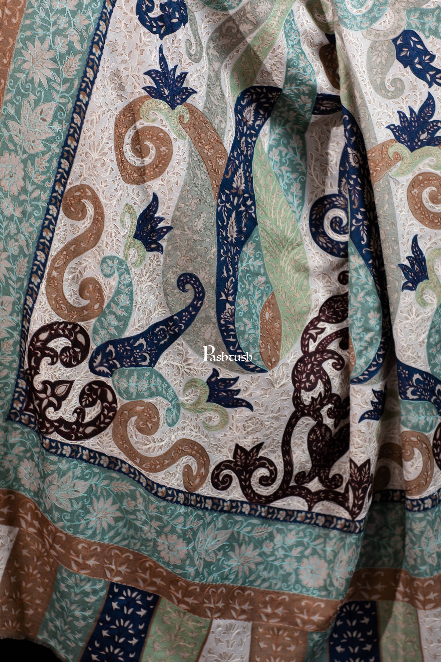 Pashtush India Womens Shawls Pashtush Womens Extra Fine Wool Shawl, Hand Embroidered Kalamkari Design, Azure