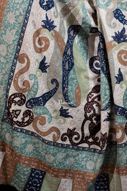 Pashtush India Womens Shawls Pashtush Womens Extra Fine Wool Shawl, Hand Embroidered Kalamkari Design, Azure