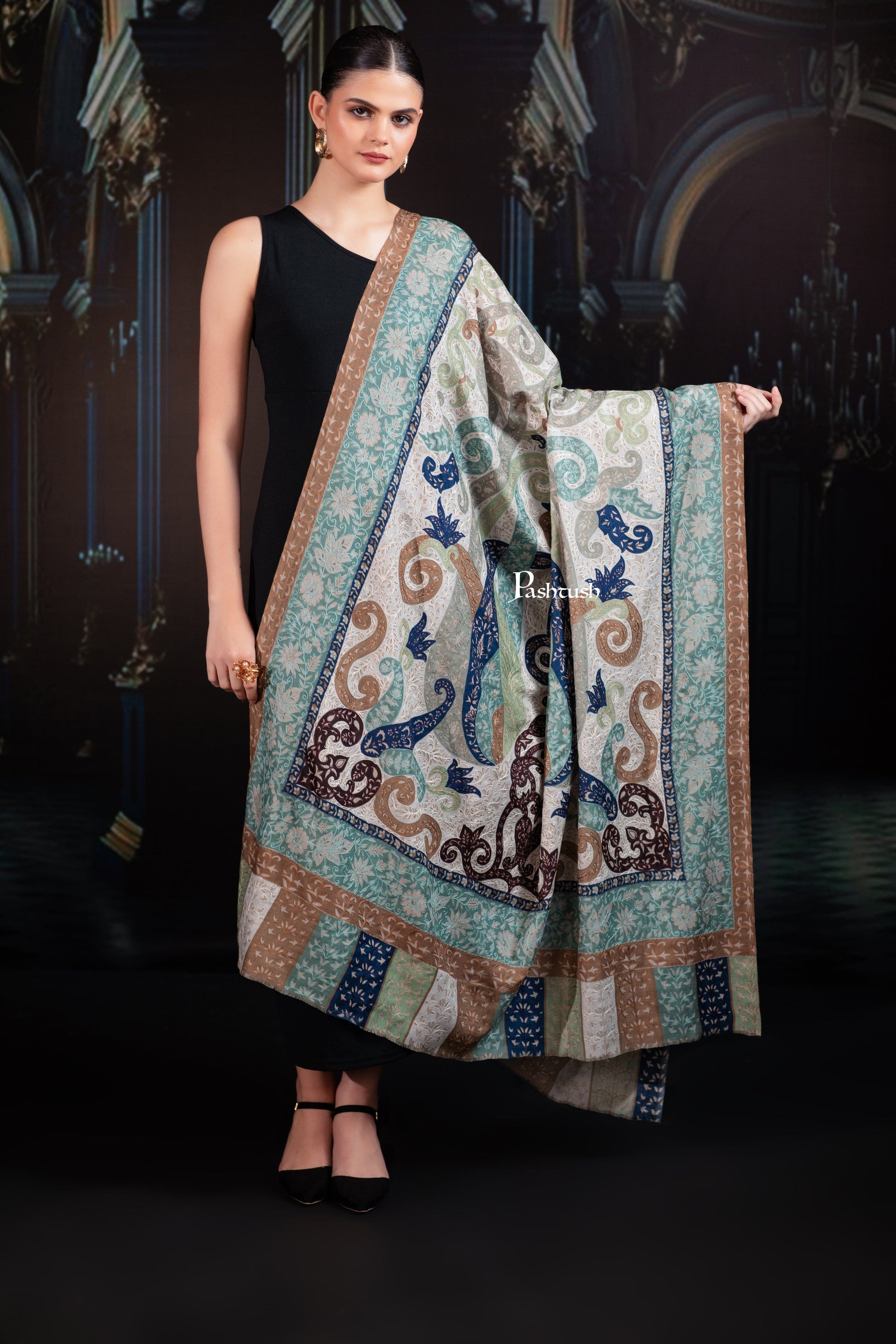 Pashtush India Womens Shawls Pashtush Womens Extra Fine Wool Shawl, Hand Embroidered Kalamkari Design, Azure