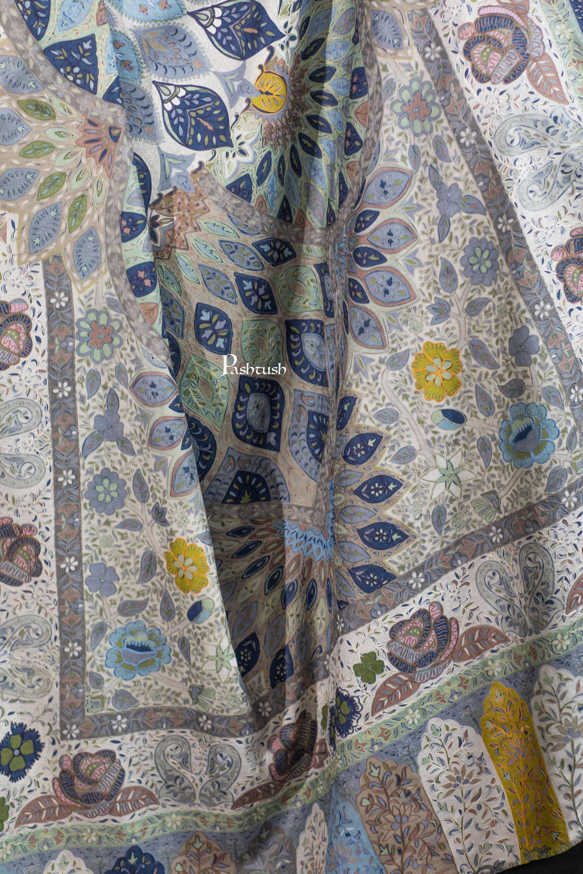 Pashtush India Womens Shawls Pashtush Womens Extra Fine Wool Shawl, Hand Embroidered Kalamkari Design, Azure Blue
