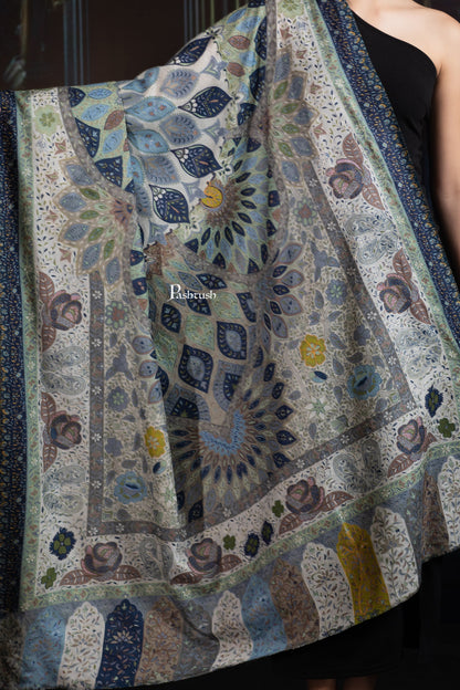 Pashtush India Womens Shawls Pashtush Womens Extra Fine Wool Shawl, Hand Embroidered Kalamkari Design, Azure Blue