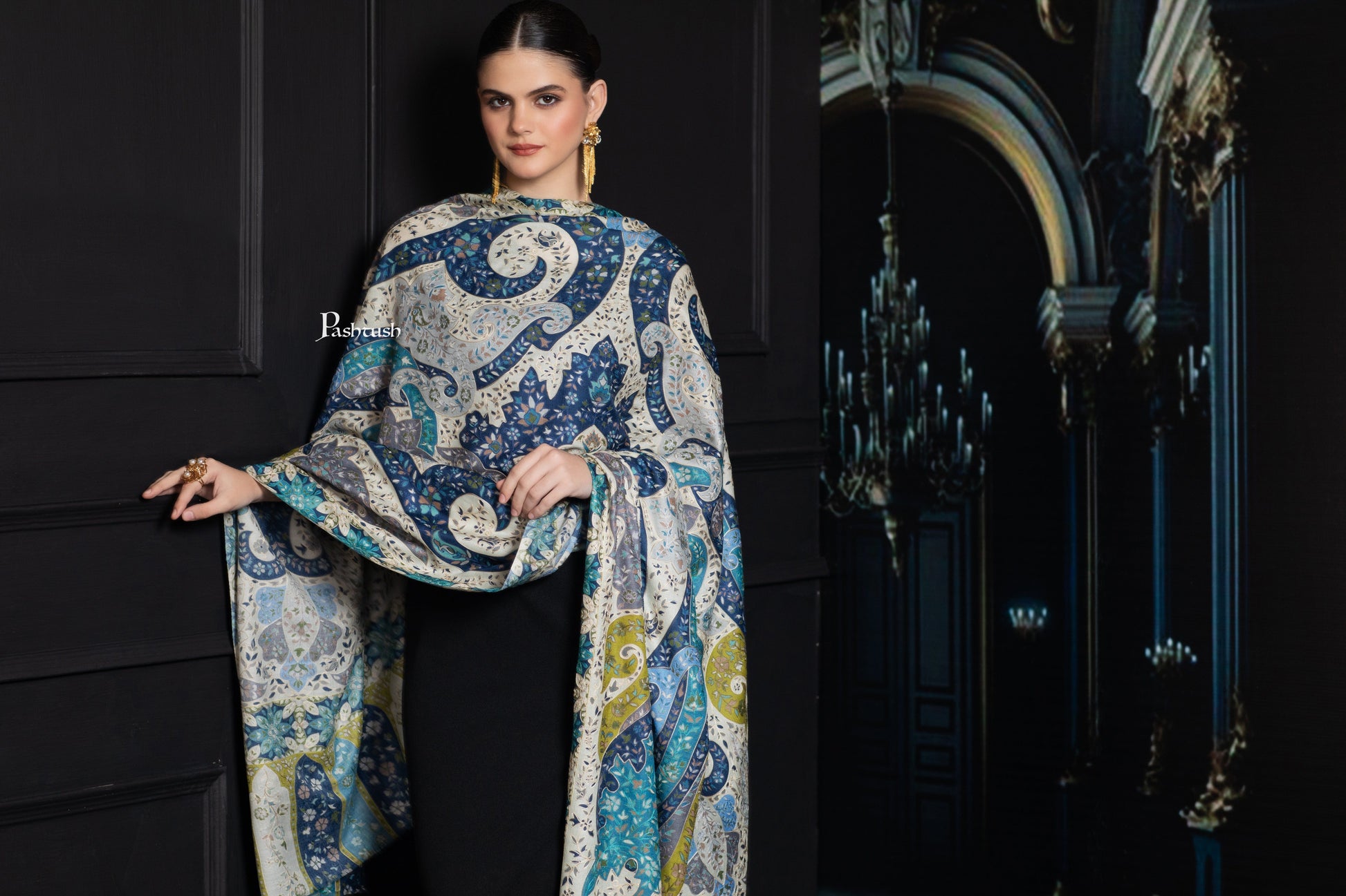 Pashtush India Womens Shawls Pashtush Womens Extra Fine Wool Shawl, Hand Embroidered Kalamkari Design, Azure Blue
