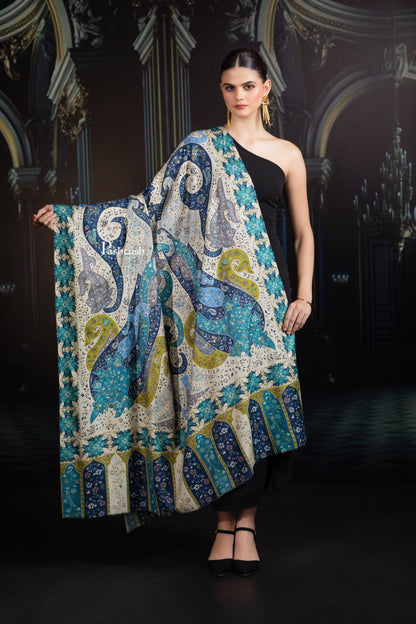 Pashtush India Womens Shawls Pashtush Womens Extra Fine Wool Shawl, Hand Embroidered Kalamkari Design, Azure Blue