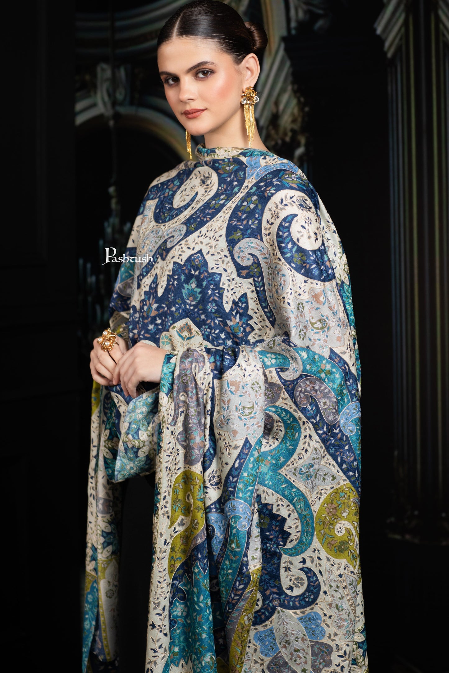 Pashtush India Womens Shawls Pashtush Womens Extra Fine Wool Shawl, Hand Embroidered Kalamkari Design, Azure Blue