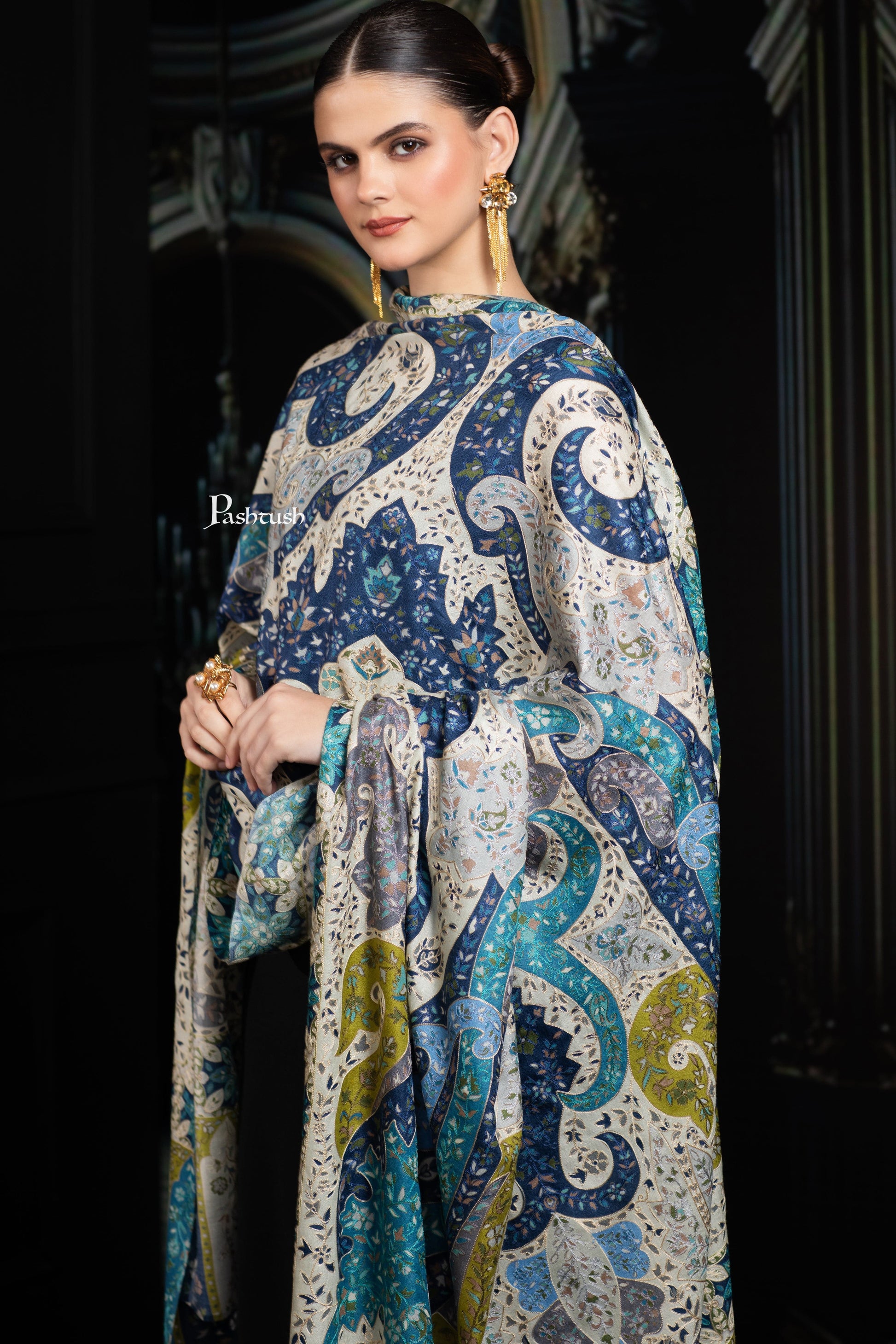 Pashtush India Womens Shawls Pashtush Womens Extra Fine Wool Shawl, Hand Embroidered Kalamkari Design, Azure Blue