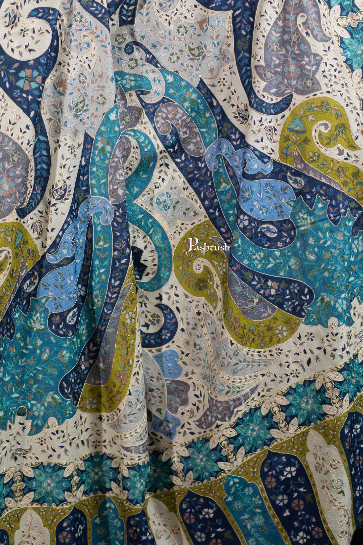 Pashtush India Womens Shawls Pashtush Womens Extra Fine Wool Shawl, Hand Embroidered Kalamkari Design, Azure Blue