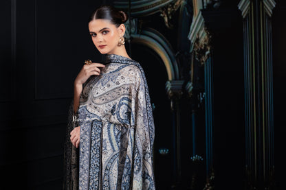 Pashtush India Womens Shawls Pashtush Womens Extra Fine Wool Shawl, Hand Embroidered Kalamkari Design, Azure Blue And Ivory