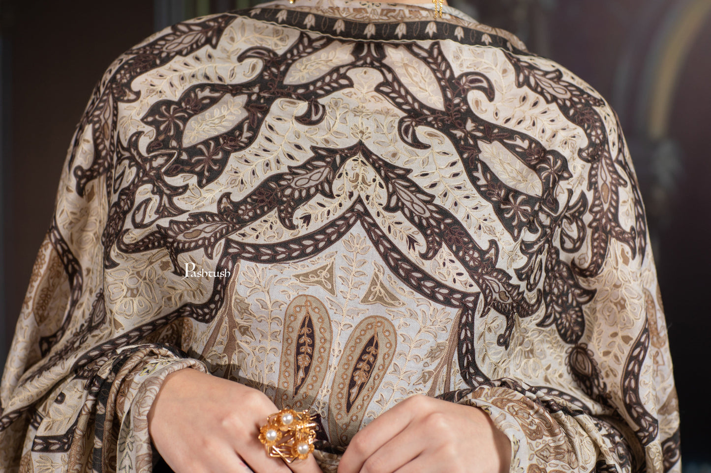 Pashtush India Womens Shawls Pashtush Womens Extra Fine Wool Shawl, Hand Embroidered Kalamkari Design, Earthy Neutrals
