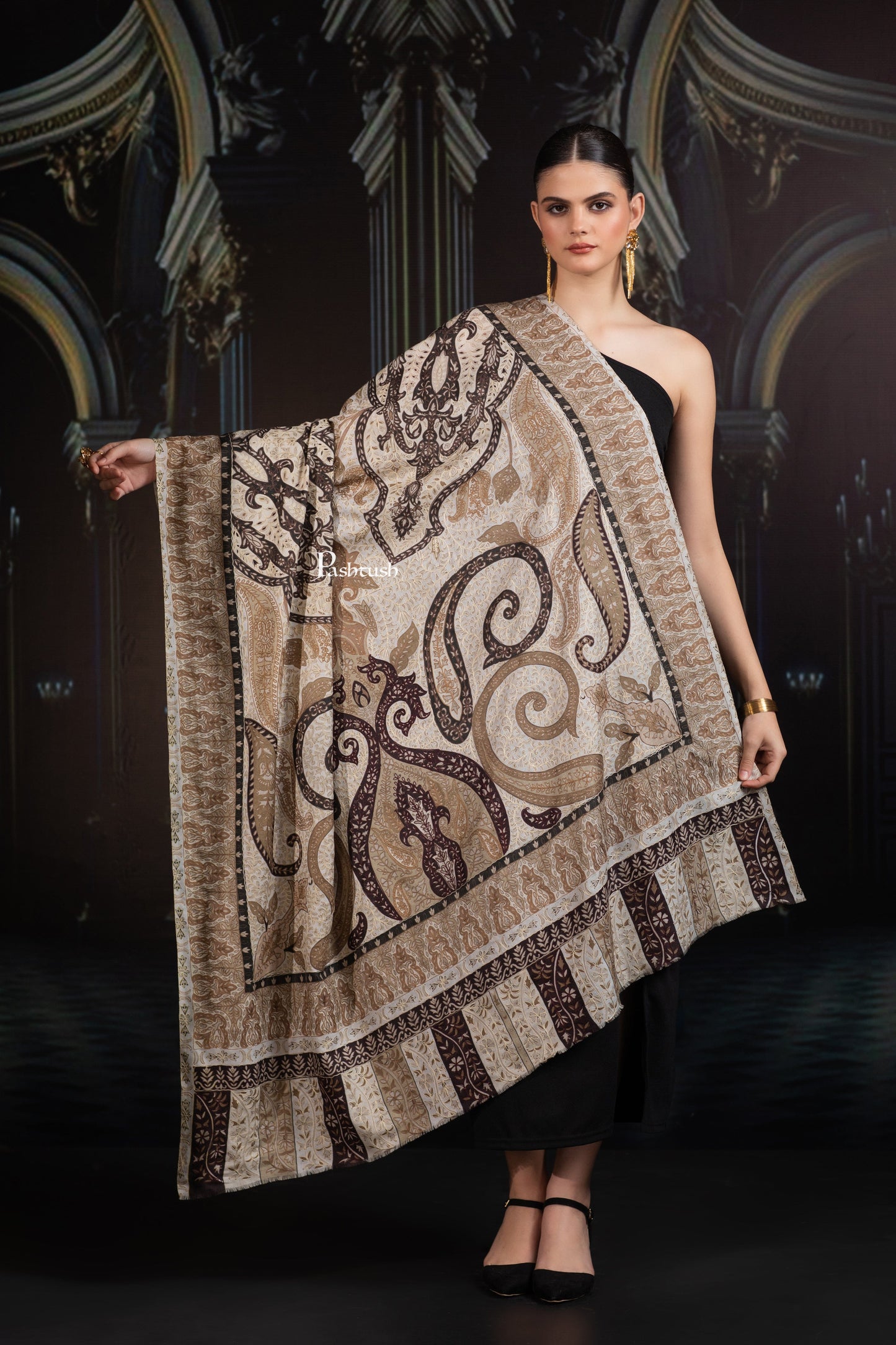 Pashtush India Womens Shawls Pashtush Womens Extra Fine Wool Shawl, Hand Embroidered Kalamkari Design, Earthy Neutrals