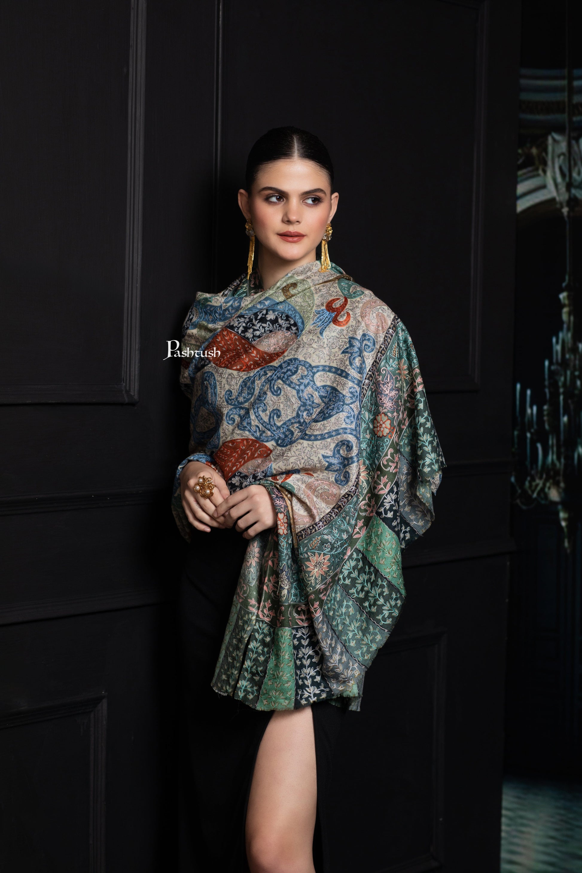 Pashtush India Womens Shawls Pashtush Womens Extra Fine Wool Shawl, Hand Embroidered Kalamkari Design, Light Pastels