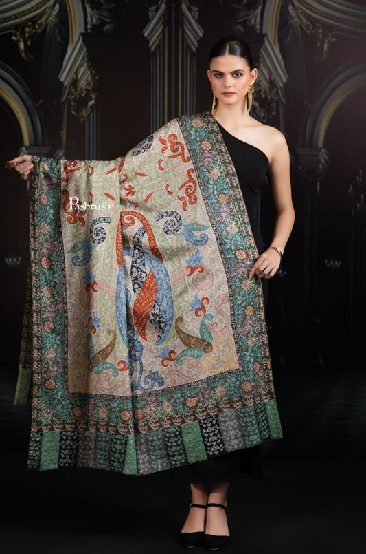 Pashtush India Womens Shawls Pashtush Womens Extra Fine Wool Shawl, Hand Embroidered Kalamkari Design, Light Pastels