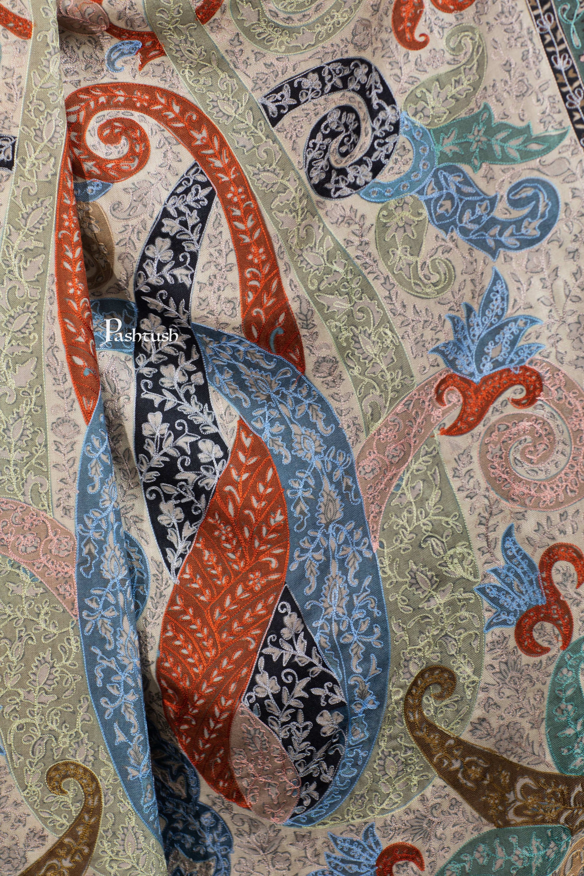 Pashtush India Womens Shawls Pashtush Womens Extra Fine Wool Shawl, Hand Embroidered Kalamkari Design, Light Pastels