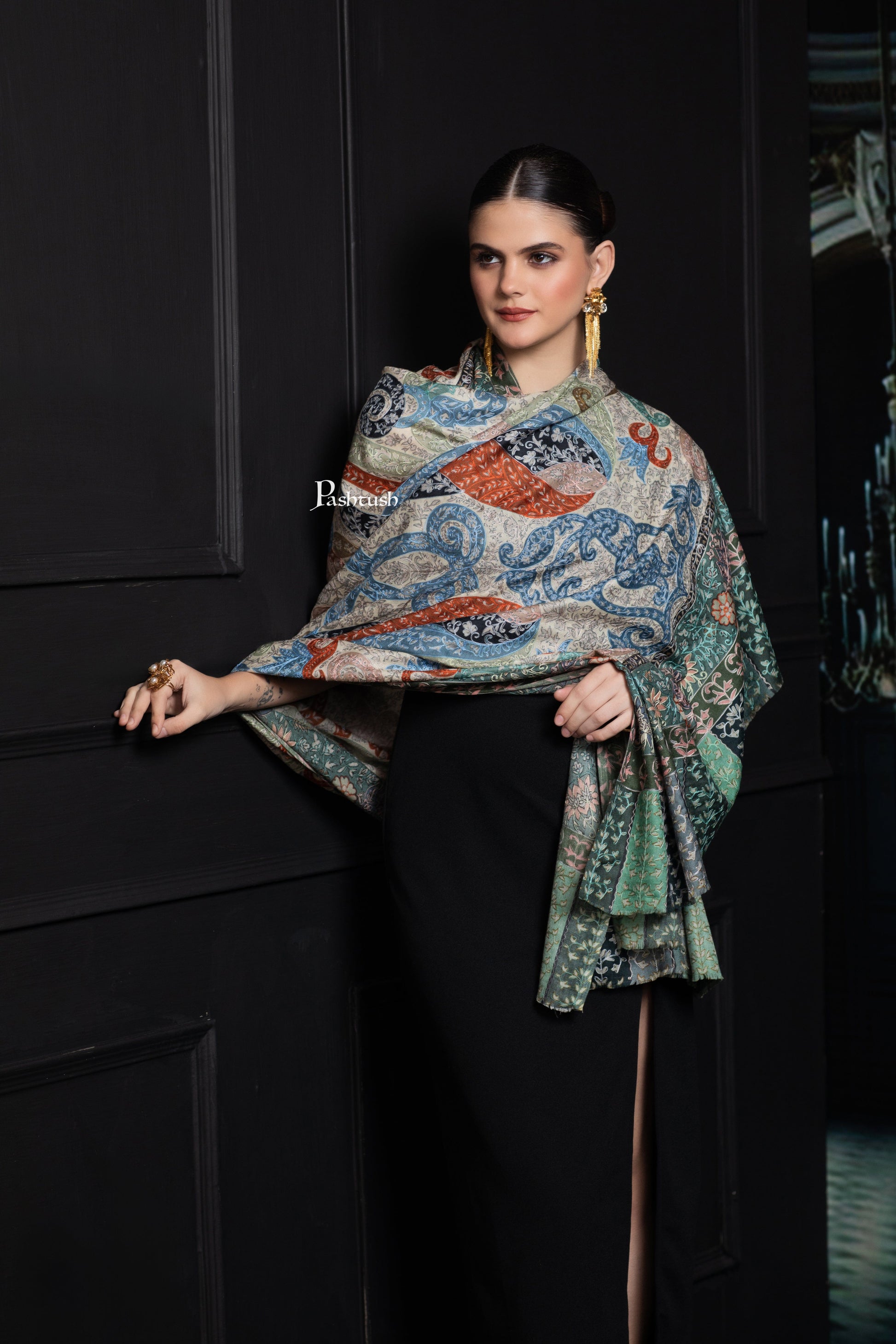 Pashtush India Womens Shawls Pashtush Womens Extra Fine Wool Shawl, Hand Embroidered Kalamkari Design, Light Pastels