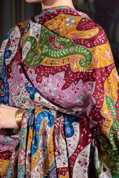Pashtush India Womens Shawls Pashtush Womens Extra Fine Wool Shawl, Hand Embroidered Kalamkari Design, Multicolour