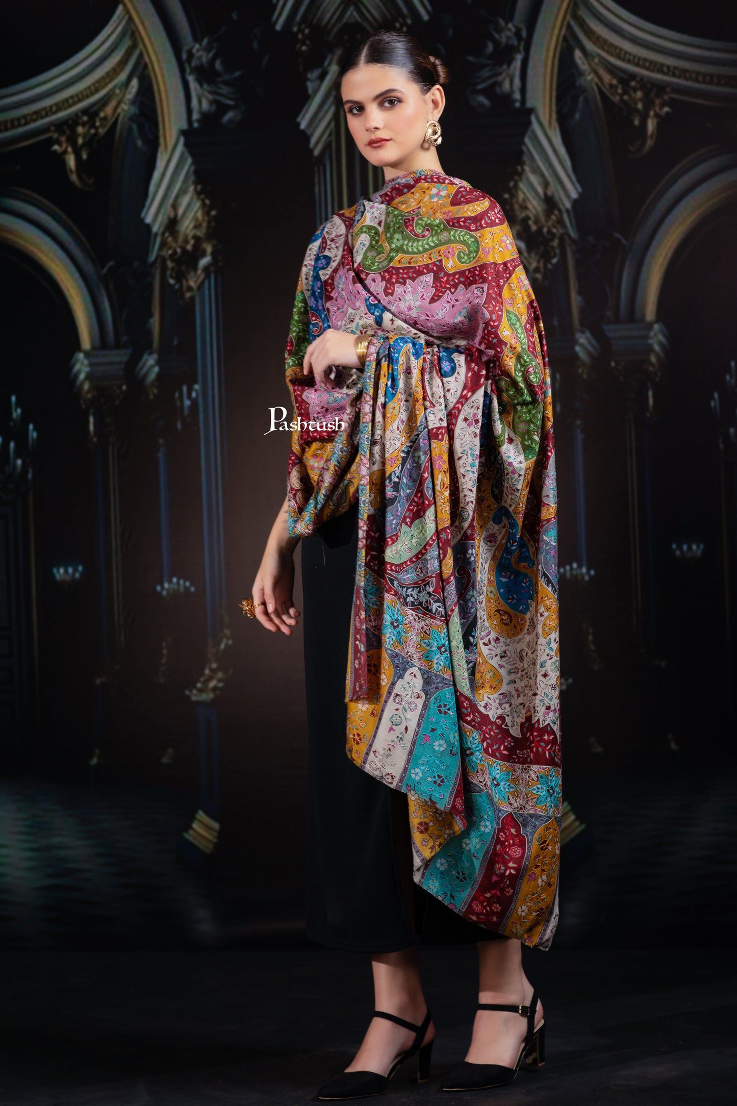 Pashtush India Womens Shawls Pashtush Womens Extra Fine Wool Shawl, Hand Embroidered Kalamkari Design, Multicolour