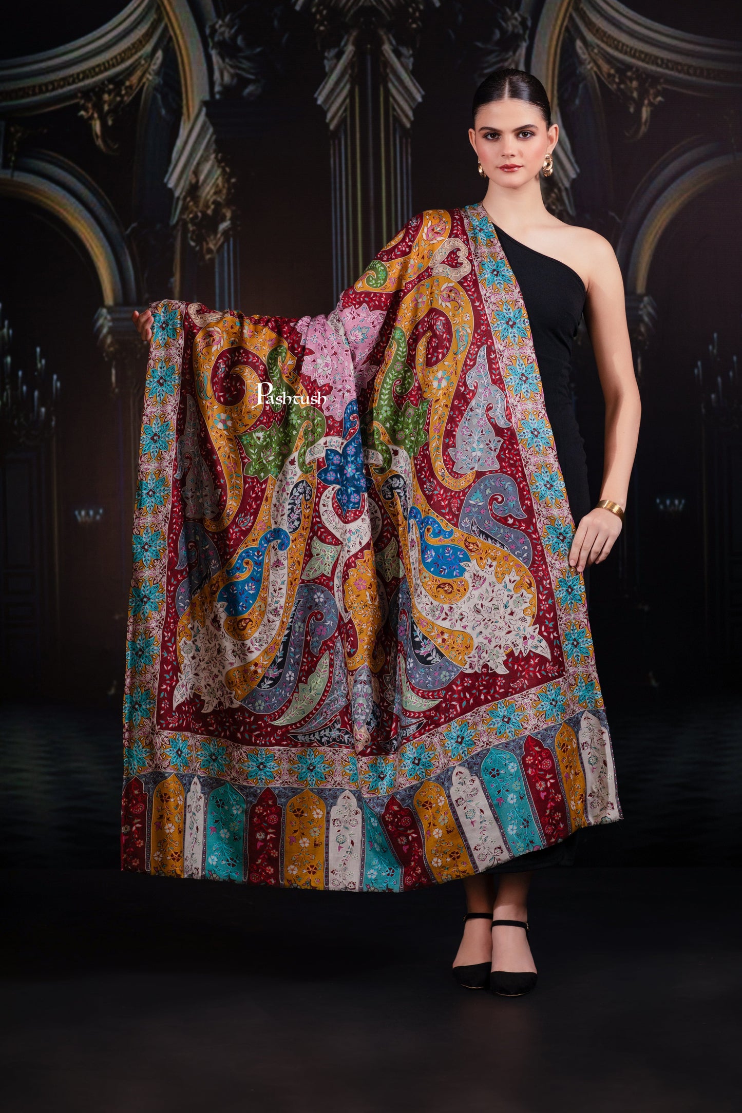 Pashtush India Womens Shawls Pashtush Womens Extra Fine Wool Shawl, Hand Embroidered Kalamkari Design, Multicolour