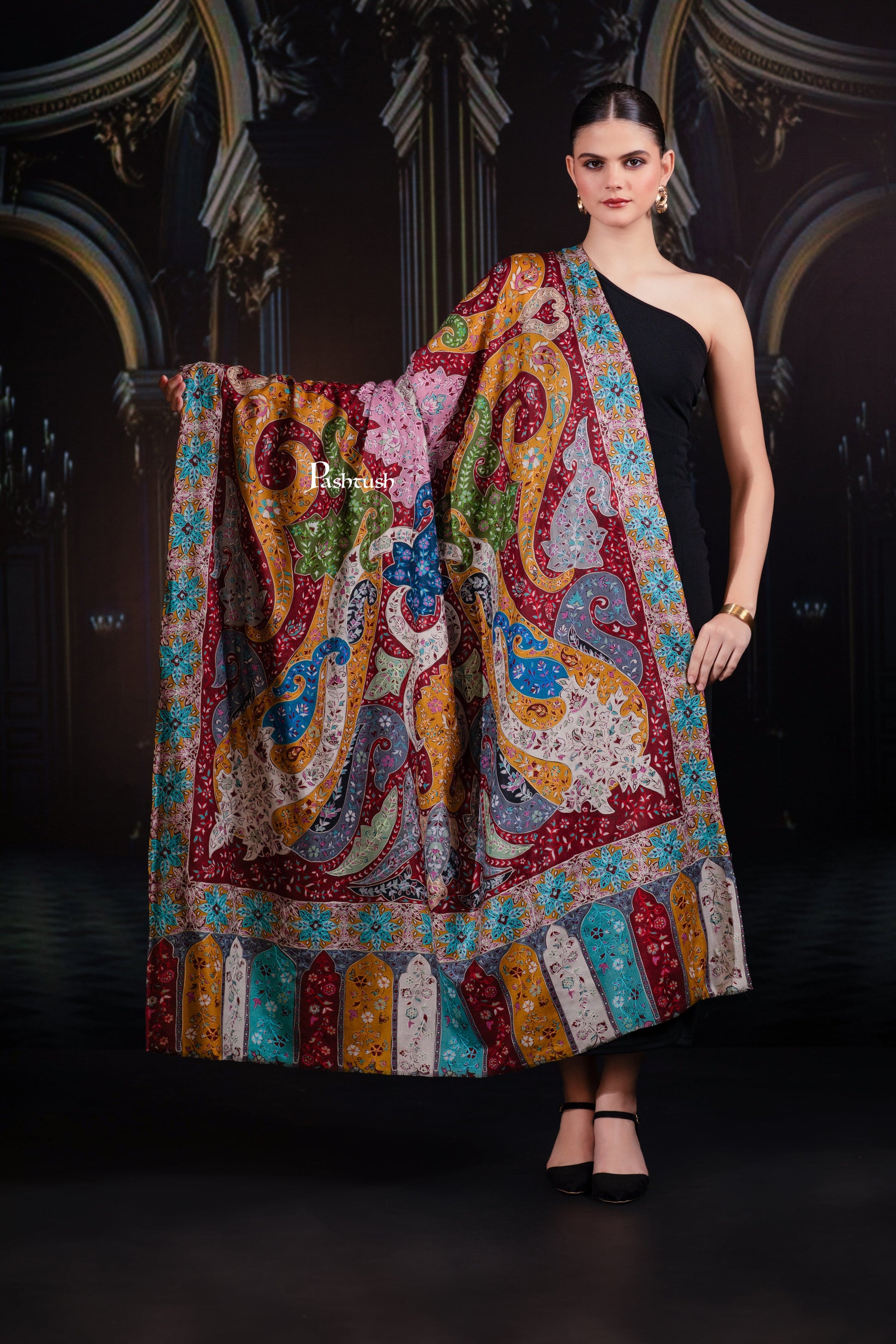 Pashtush India Womens Shawls Pashtush Womens Extra Fine Wool Shawl, Hand Embroidered Kalamkari Design, Multicolour