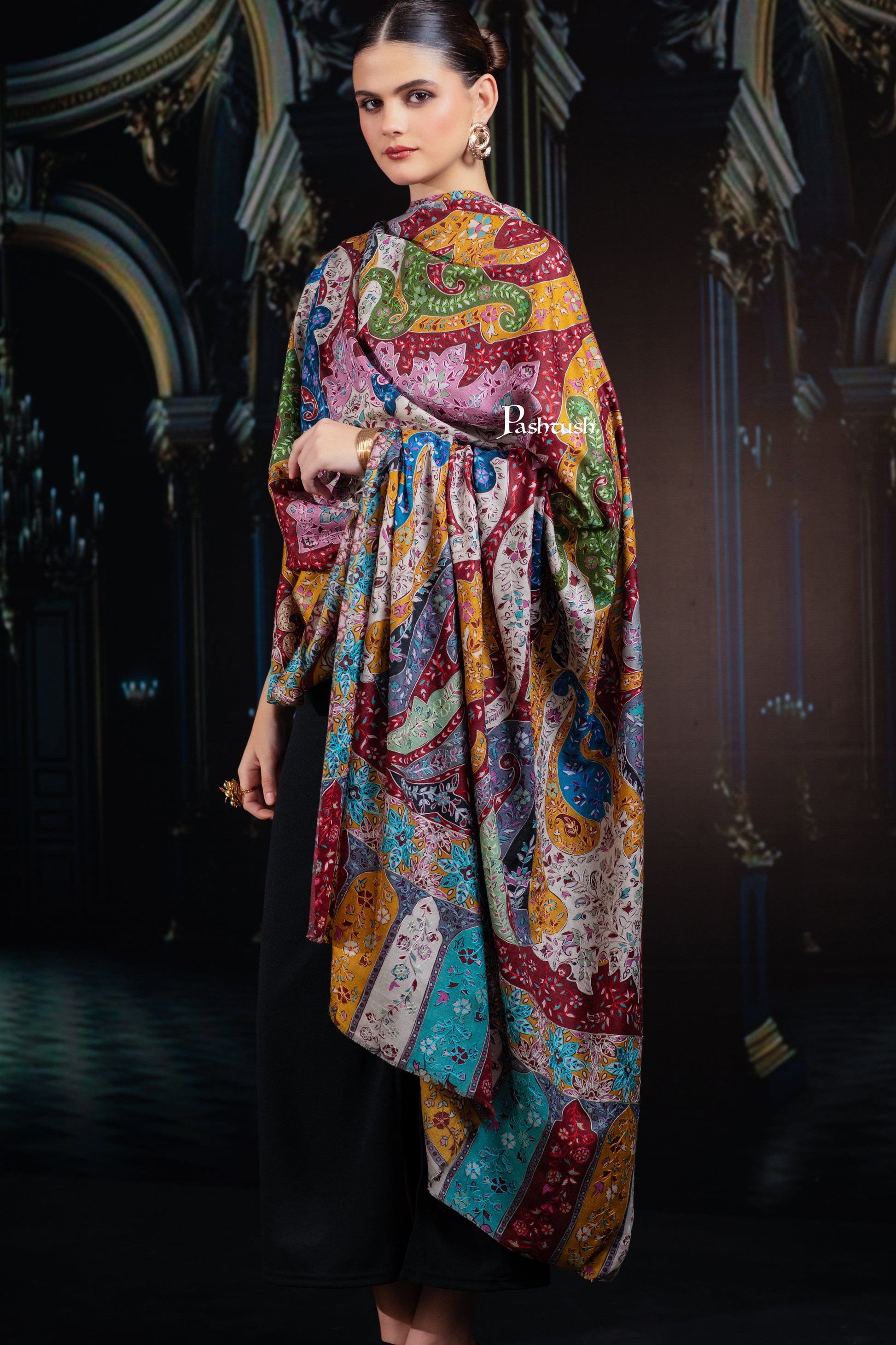 Pashtush India Womens Shawls Pashtush Womens Extra Fine Wool Shawl, Hand Embroidered Kalamkari Design, Multicolour