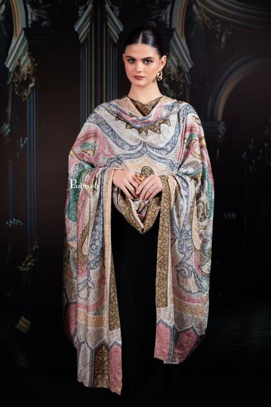 Pashtush India Womens Shawls Pashtush Womens Extra Fine Wool Shawl, Hand Embroidered Kalamkari Design, Soft Pastels