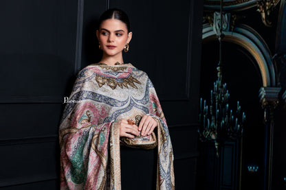 Pashtush India Womens Shawls Pashtush Womens Extra Fine Wool Shawl, Hand Embroidered Kalamkari Design, Soft Pastels