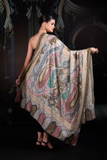 Pashtush India Womens Shawls Pashtush Womens Extra Fine Wool Shawl, Hand Embroidered Kalamkari Design, Soft Pastels