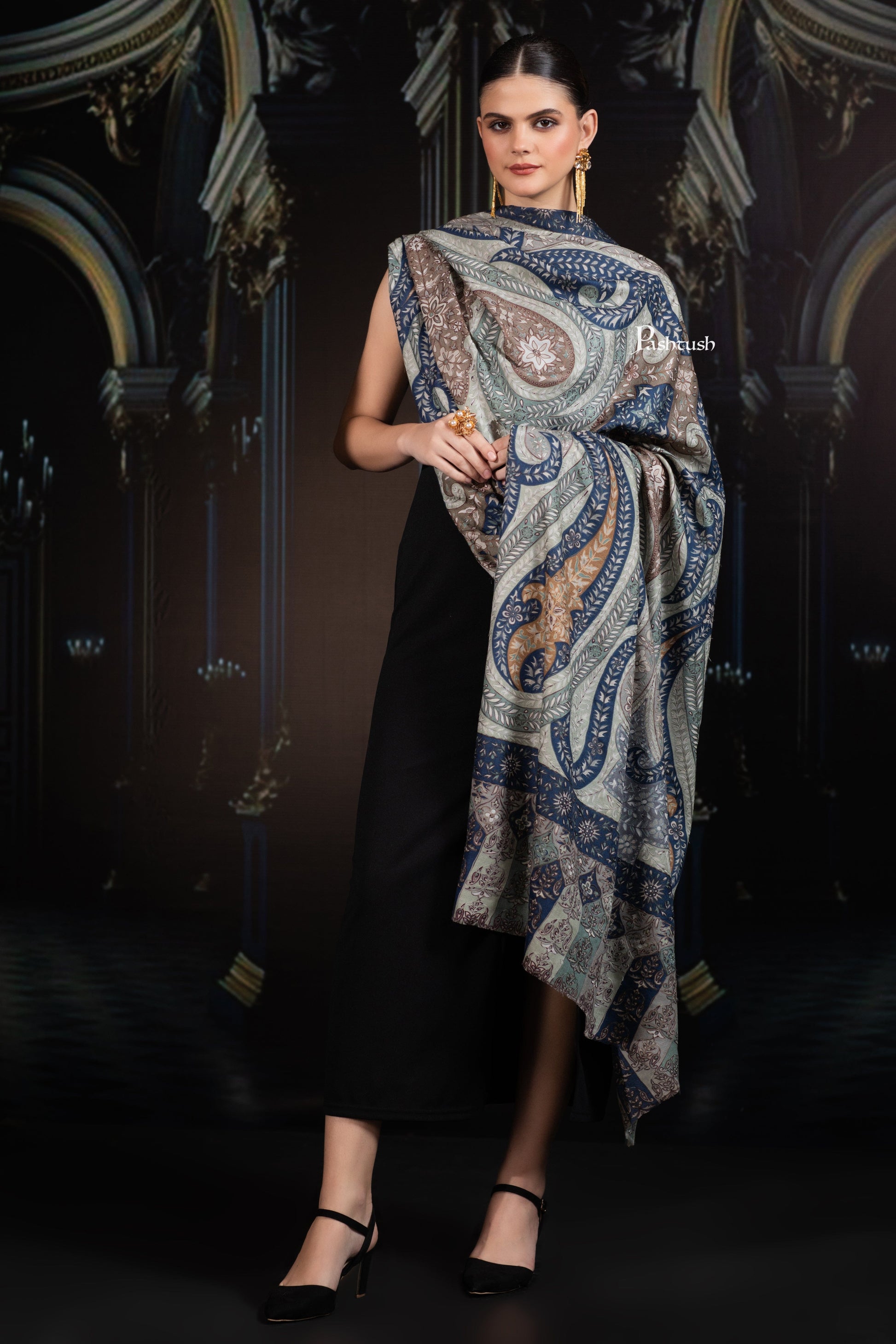 Pashtush India Womens Shawls Pashtush Womens Extra Fine Wool Shawl, Hand Embroidered Kalamkari Design, Teal Grace