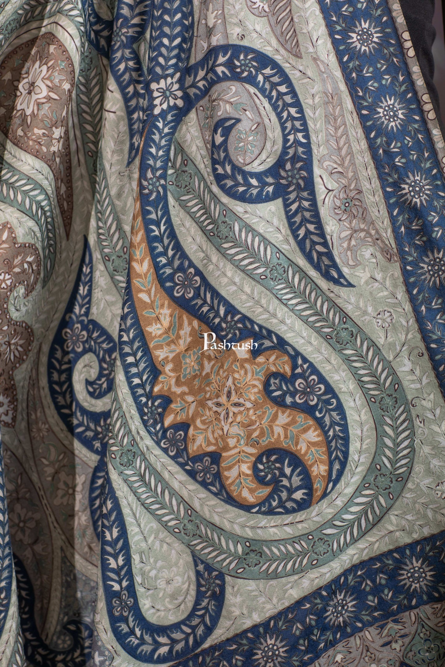 Pashtush India Womens Shawls Pashtush Womens Extra Fine Wool Shawl, Hand Embroidered Kalamkari Design, Teal Grace