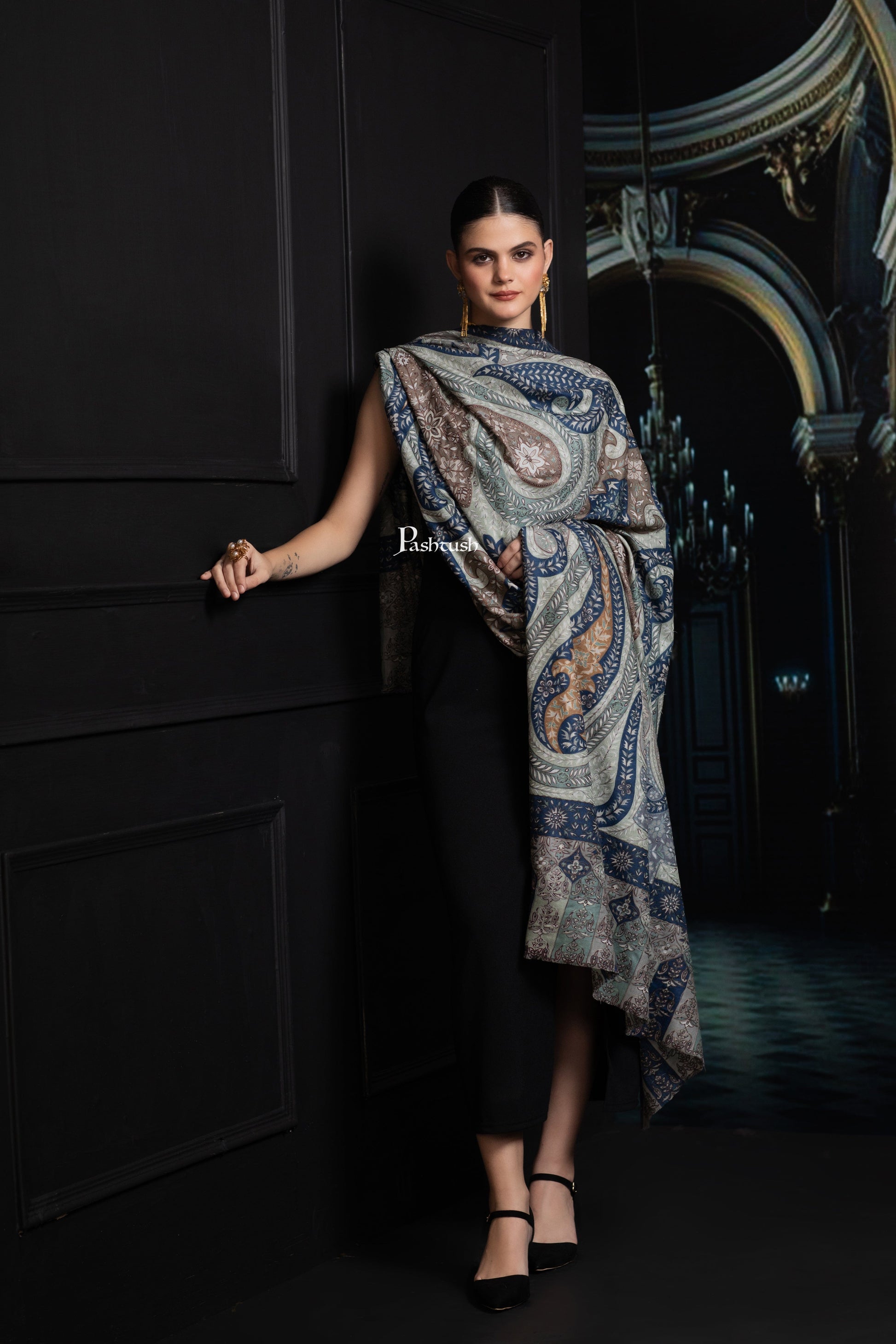 Pashtush India Womens Shawls Pashtush Womens Extra Fine Wool Shawl, Hand Embroidered Kalamkari Design, Teal Grace