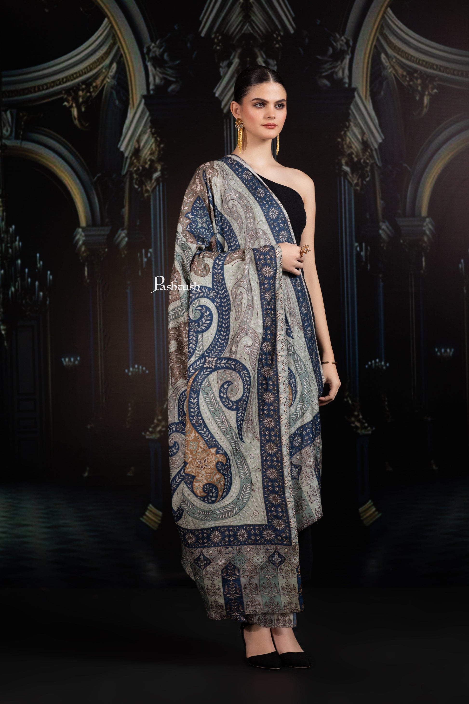 Pashtush India Womens Shawls Pashtush Womens Extra Fine Wool Shawl, Hand Embroidered Kalamkari Design, Teal Grace