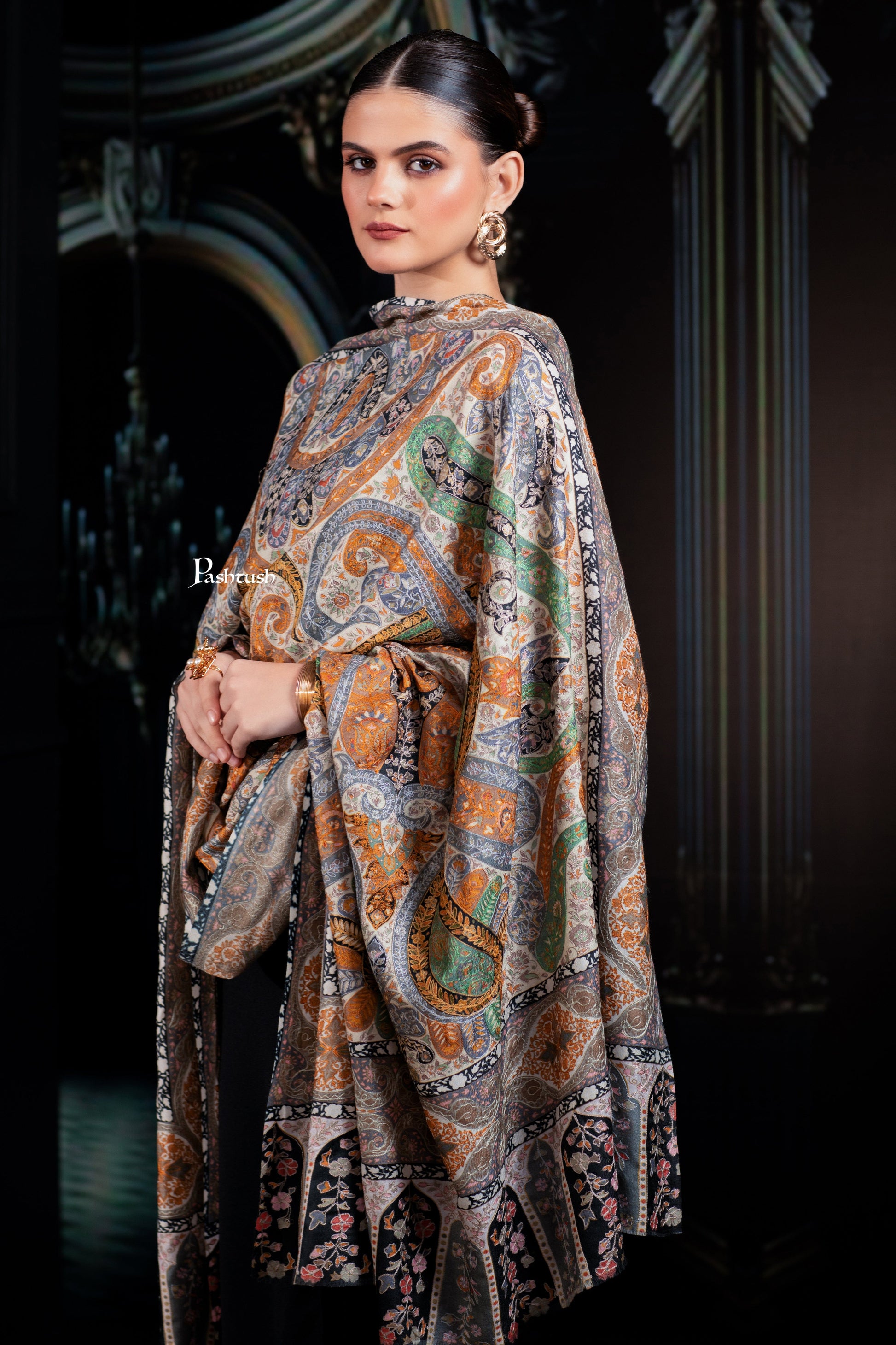 Pashtush India Womens Shawls Pashtush Womens Extra Fine Wool Shawl, Hand Embroidered Kalamkari, Pastel Hues