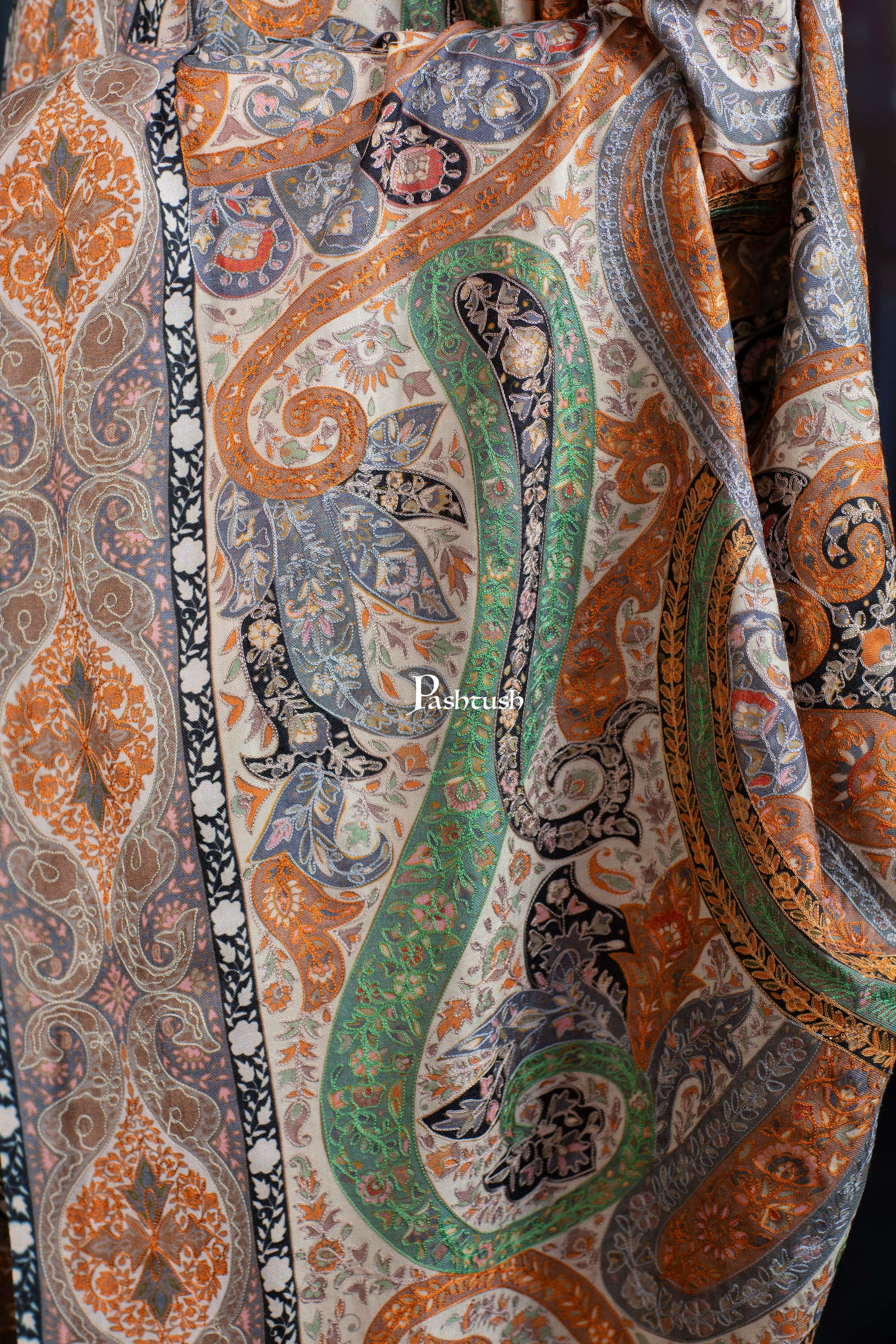 Pashtush India Womens Shawls Pashtush Womens Extra Fine Wool Shawl, Hand Embroidered Kalamkari, Pastel Hues