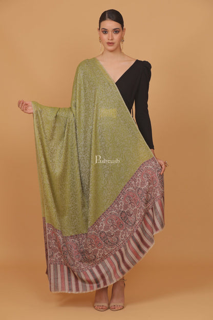 Pashtush India Womens Stoles and Scarves Scarf Pashtush womens Extra Fine Wool shawl, JACQUARD PALLA design, Green