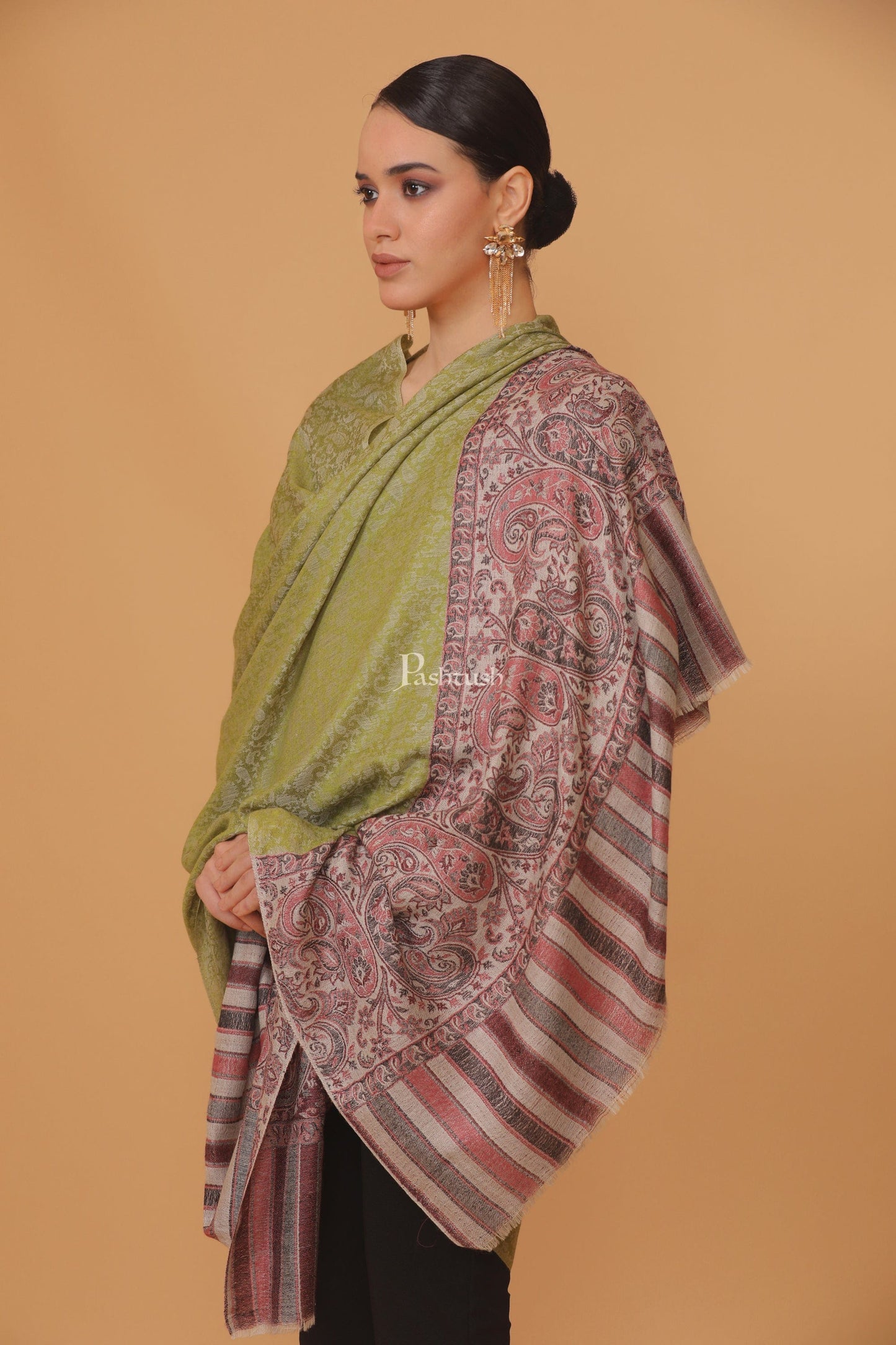 Pashtush India Womens Stoles and Scarves Scarf Pashtush womens Extra Fine Wool shawl, JACQUARD PALLA design, Green