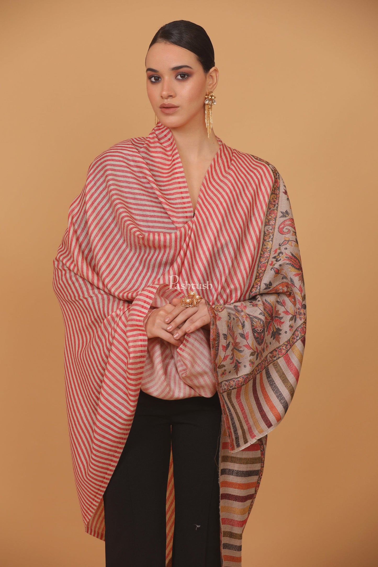 Pashtush India Womens Stoles and Scarves Scarf Pashtush womens Extra Fine Wool shawl, JACQUARD PALLA design, Red