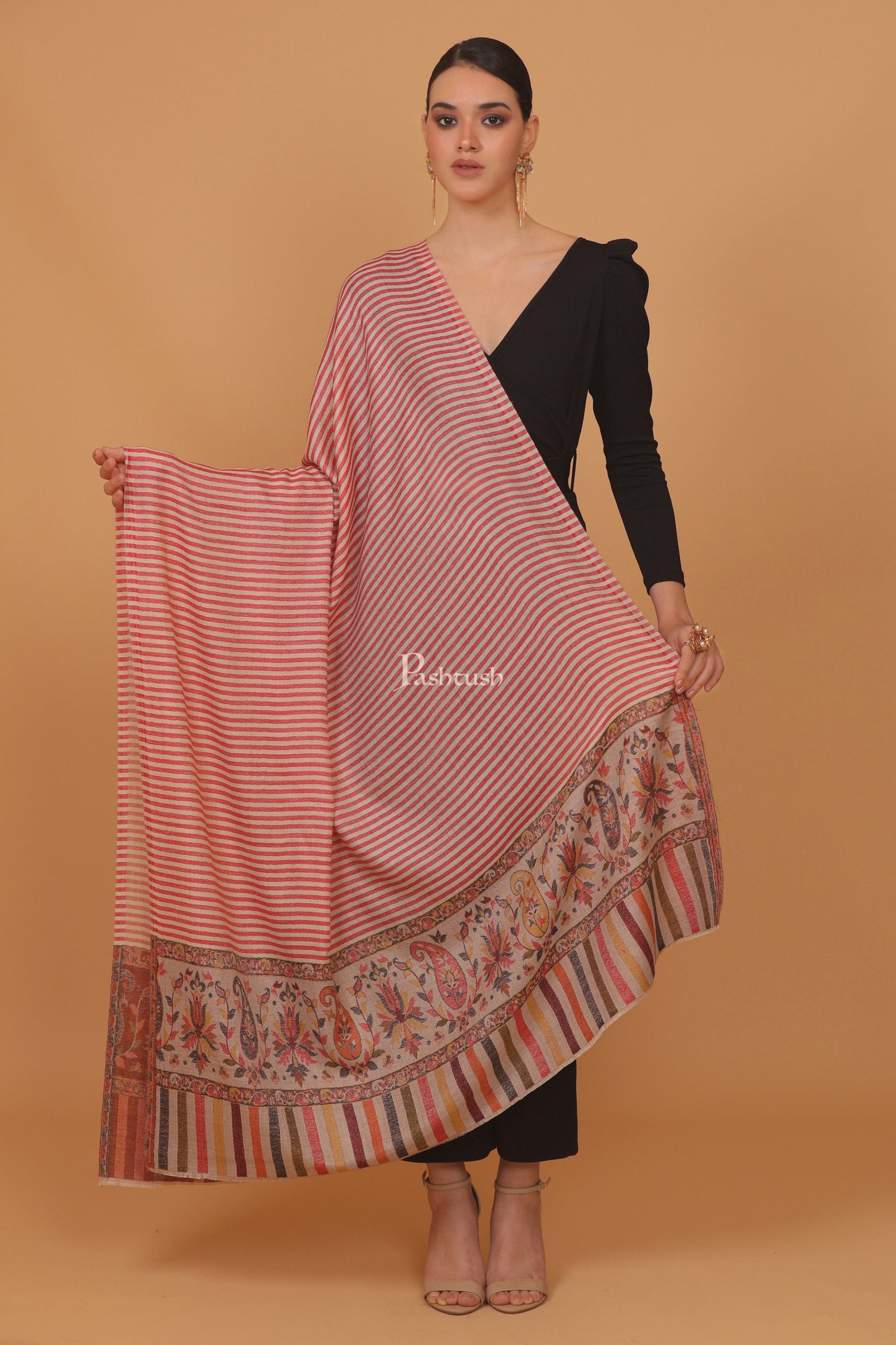 Pashtush India Womens Stoles and Scarves Scarf Pashtush womens Extra Fine Wool shawl, JACQUARD PALLA design, Red