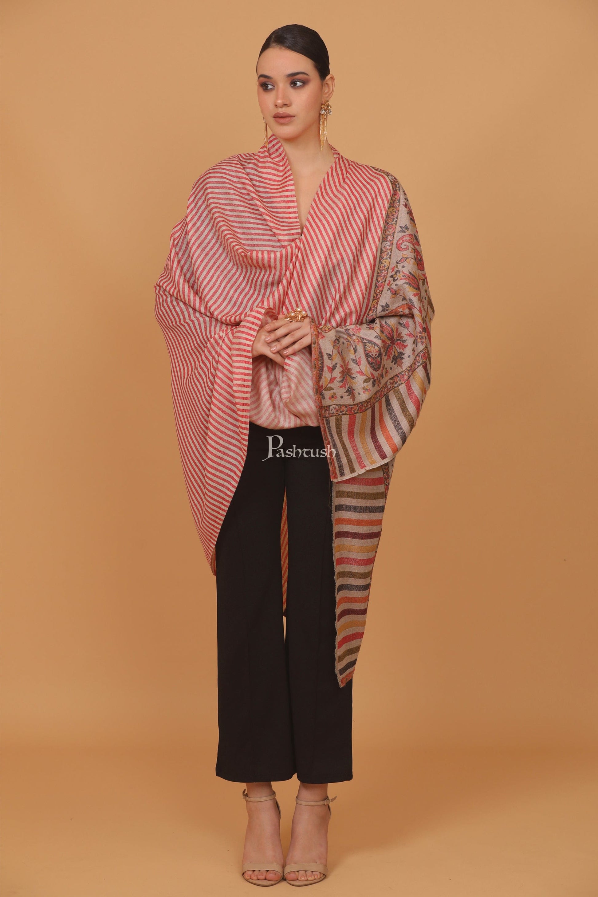 Pashtush India Womens Stoles and Scarves Scarf Pashtush womens Extra Fine Wool shawl, JACQUARD PALLA design, Red
