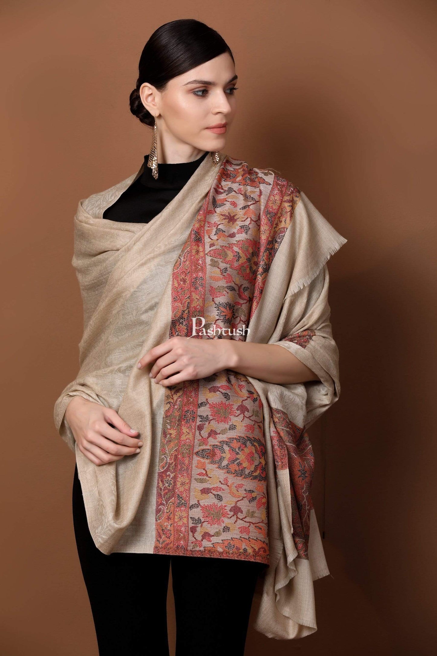 Pashtush India 100x200 Pashtush Womens Extra Fine Wool Shawl, Jacquard, Soft, Warm and Ultra Light Weight