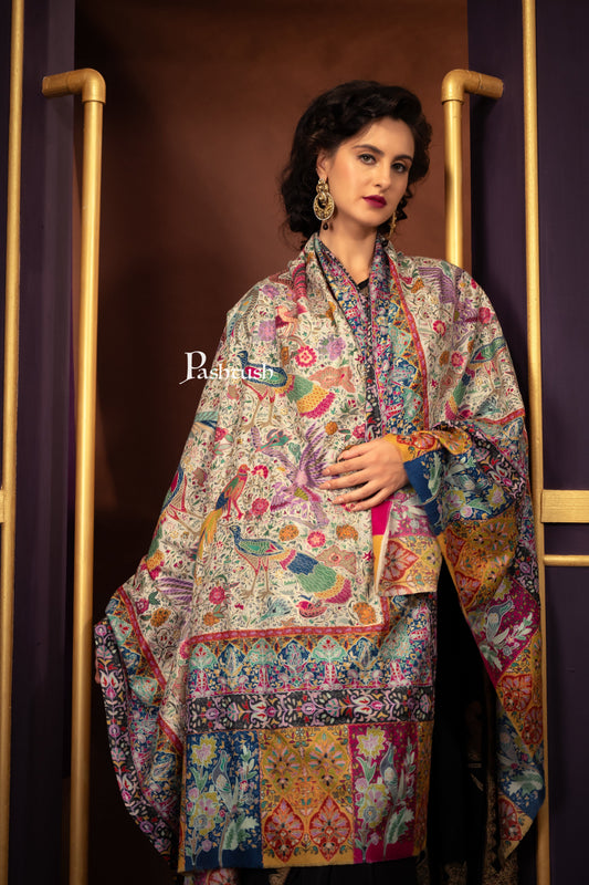 Pashtush India Womens Shawls Pashtush Womens Extra Fine Wool Shawl, Kalamkari Embroidery Design, Multicolour