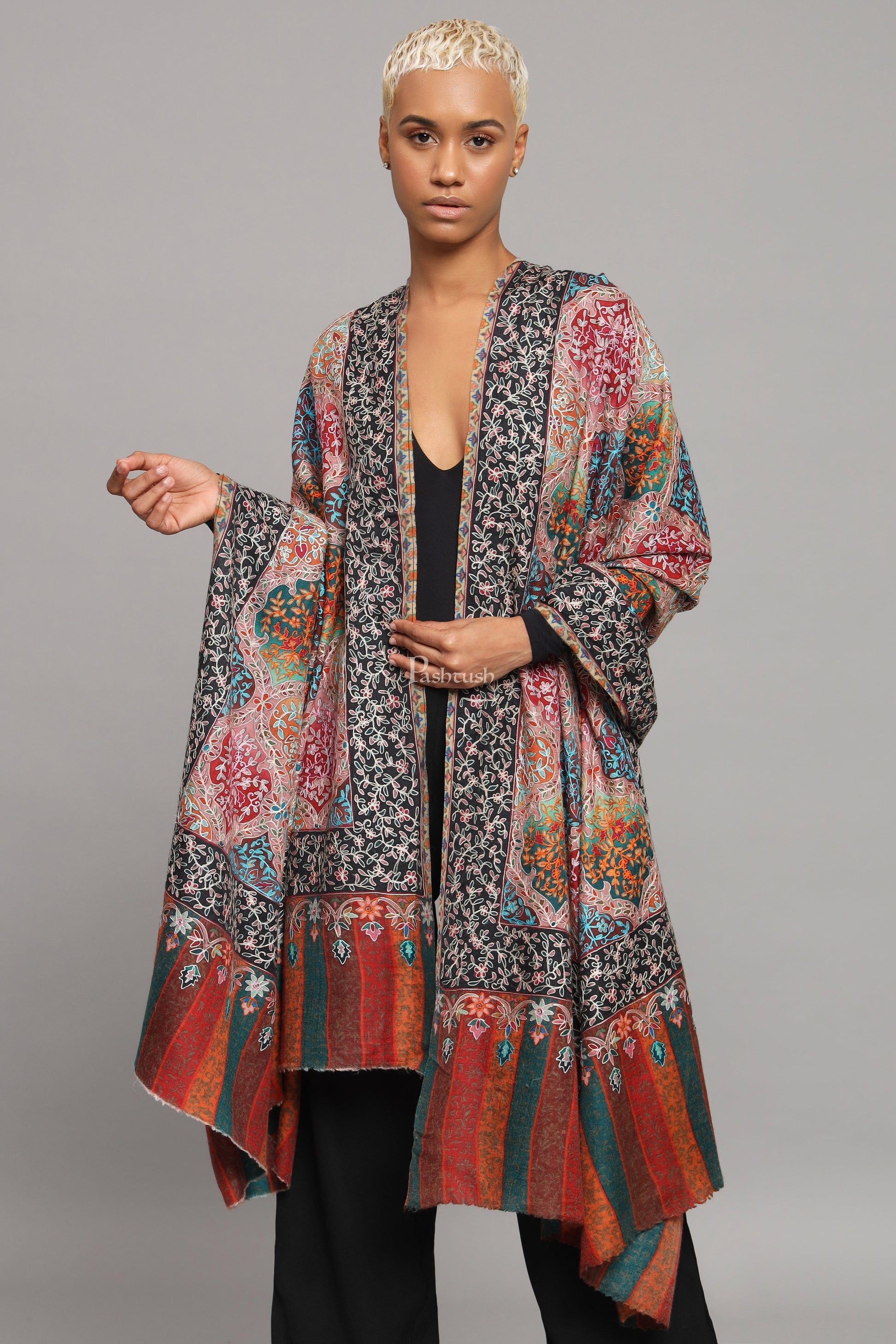 Pashtush India Womens Shawls Pashtush Womens Extra Fine Wool Shawl, Kalamkari Embroidery, Nalki Jama Design, Multicolour