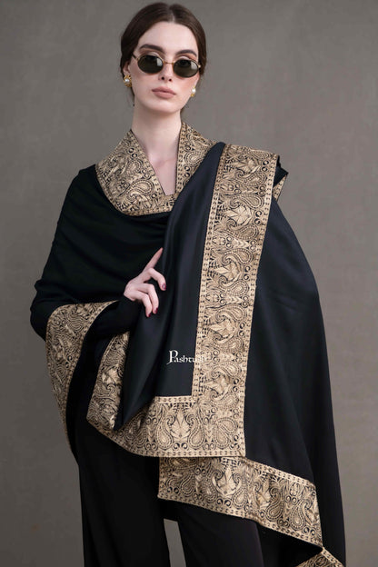 Pashtush India Womens Shawls Pashtush Womens Extra Fine Wool Shawl, Metallic Tilla Embroidery, Border Design, Black