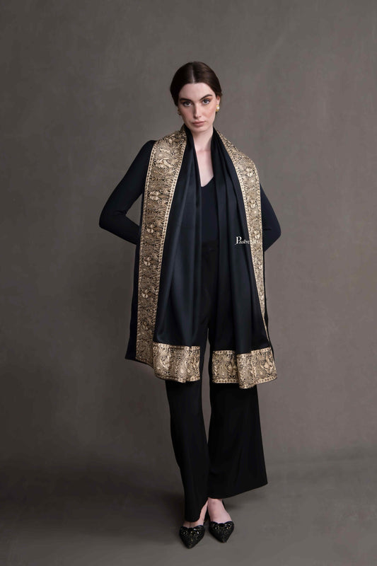 Pashtush India Womens Shawls Pashtush Womens Extra Fine Wool Shawl, Metallic Tilla Embroidery, Border Design, Black